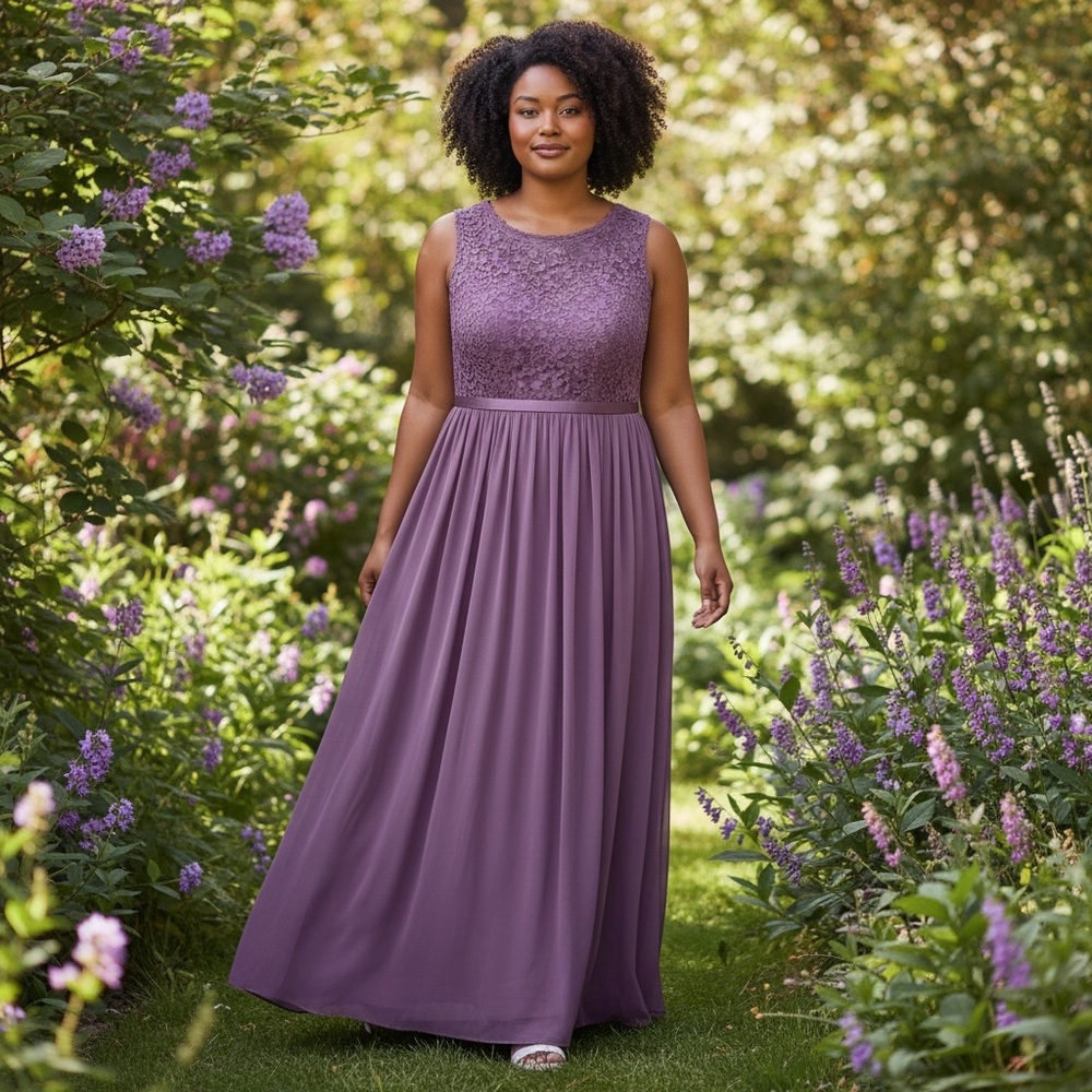 David's Bridal Mauve Sleeveless Lace Bodice Chiffon Maxi Dress